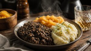 Skotský národní pokrm Haggis s bramborovou kaší a tuřínem