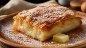 Sladká řecká Bougatsa: Křupavý koláč z těsta filo s jemným krupicovým krémem, sypaný skořicí a cukrem
