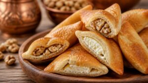 Sladké plněné palačinky Qatayef: Tradiční ramadánové mini lívanečky plněné ořechy nebo sýrem, smažené dozlatova