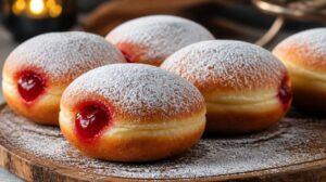 Sladké vánoční koblížky Sufganiyot: Dokonale kulaté izraelské koblihy s jahodovou marmeládou na svátek Chanuka