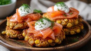 Slané kukuřičné placky Corn Fritters s uzeným lososem a zakysanou smetanou