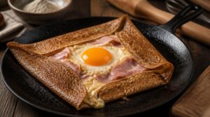 Slané pohankové palačinky Galettes de Sarrasin: Tradiční bretaňský recept se šunkou, sýrem a vejcem