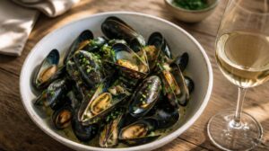 Slávky na bílém víně s česnekem, máslem a petrželkou (cozze alla marinara)