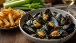 Slávky na víně a celeru Moules-frites s domácími hranolkami