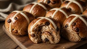 Slavnostní velikonoční bochánky Hot Cross Buns se skořicí a rozinkami