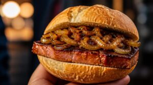 Smažená klobása Leberkäse v křupavé housce se smaženou cibulí