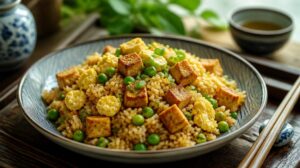 Smažená rýže s tofu, hráškem a vajíčkem po asijsku