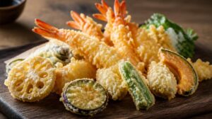 Smažená zelenina a mořské plody v lehkém těstíčku Tempura