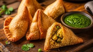 Smažené indické taštičky Samosa plněné kořeněnými bramborami a hráškem