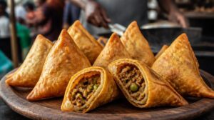 Smažené keňské trojhránky samosa plněné kořeněným mletým masem a hráškem