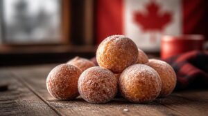 Smažené koblížky Timbits z kanadské kavárny s cukrovou polevou