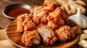 Smažené kuřecí kousky Karaage marinované v zázvoru a česneku