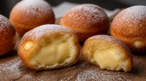 Smažené mini koblížky s vanilkovým krémem uvnitř (Bomboloni)