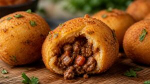 Smažené plněné bramborové koule Papas Rellenas s masovou náplní Picadillo
