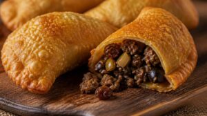 Smažené plněné kapsy Empanadas s mletým hovězím masem, olivami a rozinkami