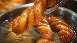 Smažené propletené koblížky Koeksisters máčené ve studeném cukrovém sirupu