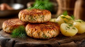 Smažené rybí karbanátky Fish Cakes s lososem, bramborami a koprem