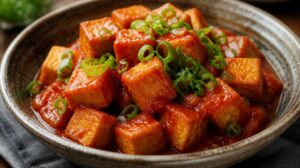 Smažené tofu v rajčatové omáčce s jarní cibulkou (Dau Hu Sot Ca Chua)