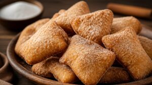 Smažené tvarohové polštářky Spagatkrapfen sypané cukrem a skořicí
