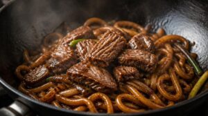 Smažené udon nudle s hovězím masem v husté tmavé omáčce
