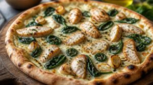 Smetanová pizza s kuřecím masem, špenátem a česnekem