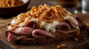 Smørrebrød s hovězím roastbeefem, remuládou a křupavou cibulkou