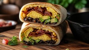 Snídaňové burrito s míchanými vajíčky, slaninou, avokádem a fazolemi