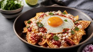 Snídaňové Chilaquiles z tortillových chipsů dušených v salse se sýrem a volským okem