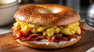 Snídaňový bagel se slaninou, míchanými vajíčky a krémovým sýrem