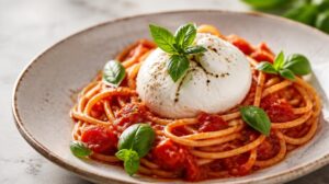 Špagety s čerstvými rajčaty a sýrem burrata (alla checca)