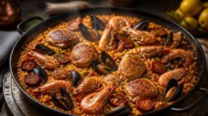 Španělská paella s kuřecím masem, klobásou chorizo a mořskými plody