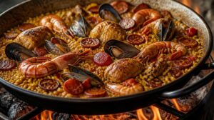 Španělská paella s kuřecím masem, klobásou chorizo a mořskými plody