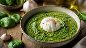 Špenátový krém s česnekem a ztraceným vejcem