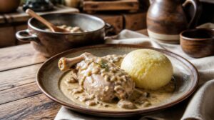 Staročeský králík na smetaně s karlovarským knedlíkem