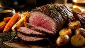 Šťavnatá hovězí pečeně Sunday Roast s pečenými bramborami a kořenovou zeleninou