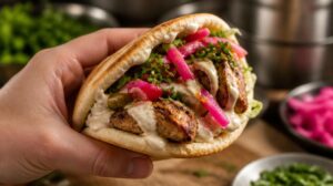Šťavnatá izraelská Shawarma: Domácí kořeněné kuřecí maso v pita chlebu s poctivou porcí tahini a nakládané zeleniny