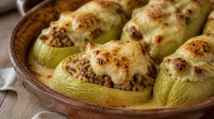 Šťavnaté plněné cukety po srbsku (Punjene tikvice): Recept s mletým masem zapečený v husté smetanové omáčce