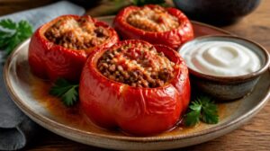 Šťavnaté plněné papriky po bulharsku (Palneni čuški): Recept na mleté maso s rýží a lahodnou bílou omáčkou