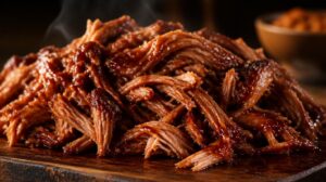 Šťavnaté trhané vepřové maso Pulled Pork v barbecue omáčce z pomalého hrnce