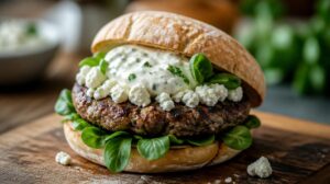 Šťavnatý jehněčí burger s fetou, mátovým jogurtem a polníčkem