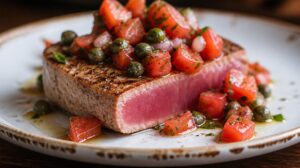 Steak z tuňáka s rajčatovou salsou a kapary