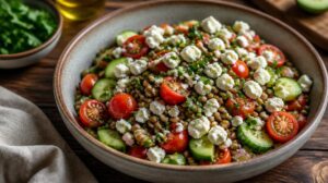 Středomořský čočkový salát s cherry rajčaty, okurkou a sýrem feta