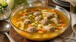 Svatební polévka Hochzeitssuppe s masovými knedlíčky a celestýnskými nudlemi