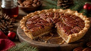 Sváteční pekanový koláč Pecan Pe s javorovým sirupem a ořechy