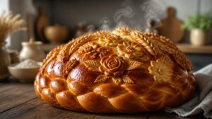 Sváteční pletený chléb Korovaj s vanilkovou vůní a ozdobami