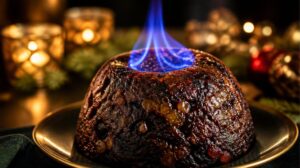 Sváteční vánoční pudink Christmas Pudding s plamenem z brandy