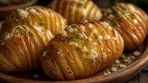 Švédské pečené brambory Hasselback s máslem, česnekem a parmazánem