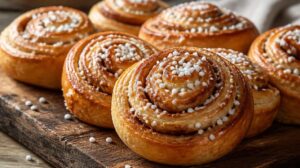 Švédské skořicové šneky Kanelbullar s kardamomem a perlovým cukrem