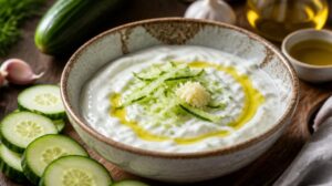Svěží řecké tzatziki z řeckého jogurtu s okurkou a česnekem