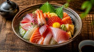 Svěží rýžová mísa Chirashi sushi s mixem syrových ryb